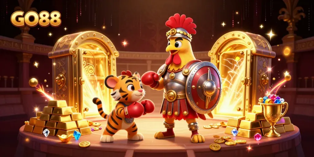 Experience the excitement of GO88 with a dynamic casino scene featuring animated characters and treasure.