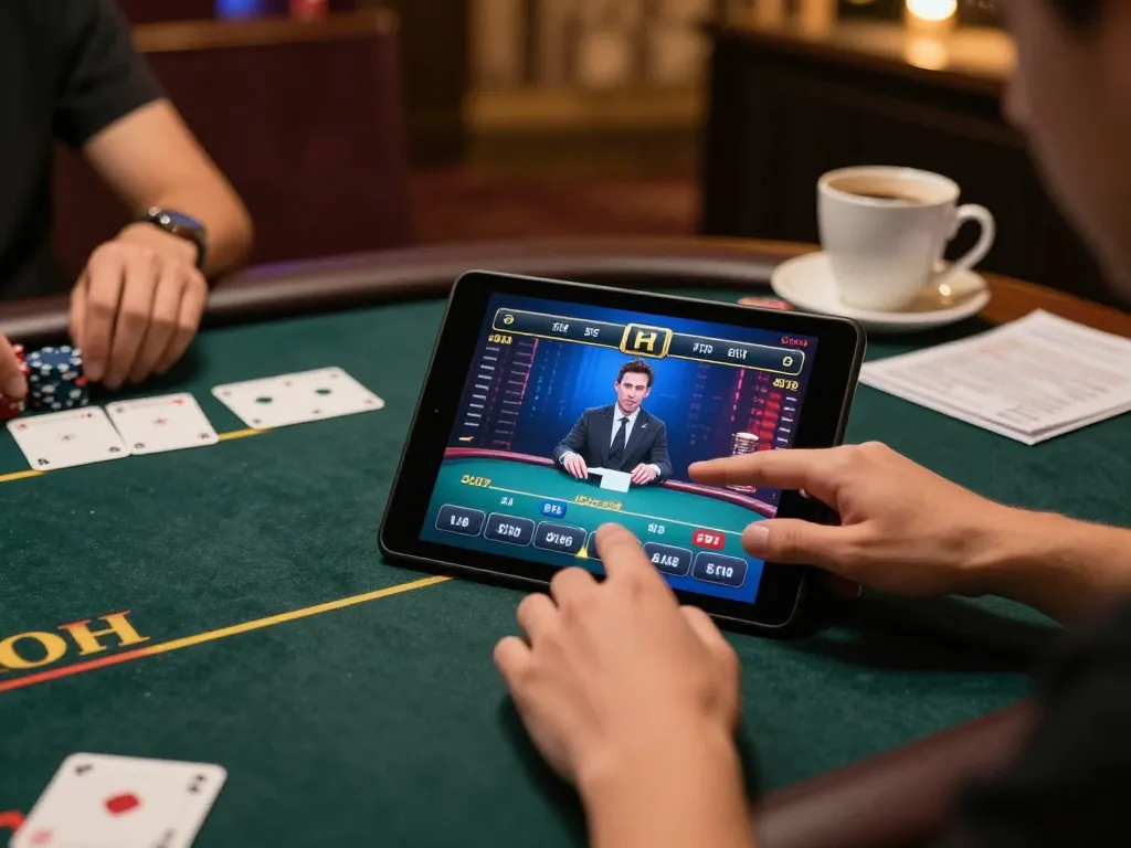 Player enjoying sc88 online poker game on tablet with strategy notes nearby