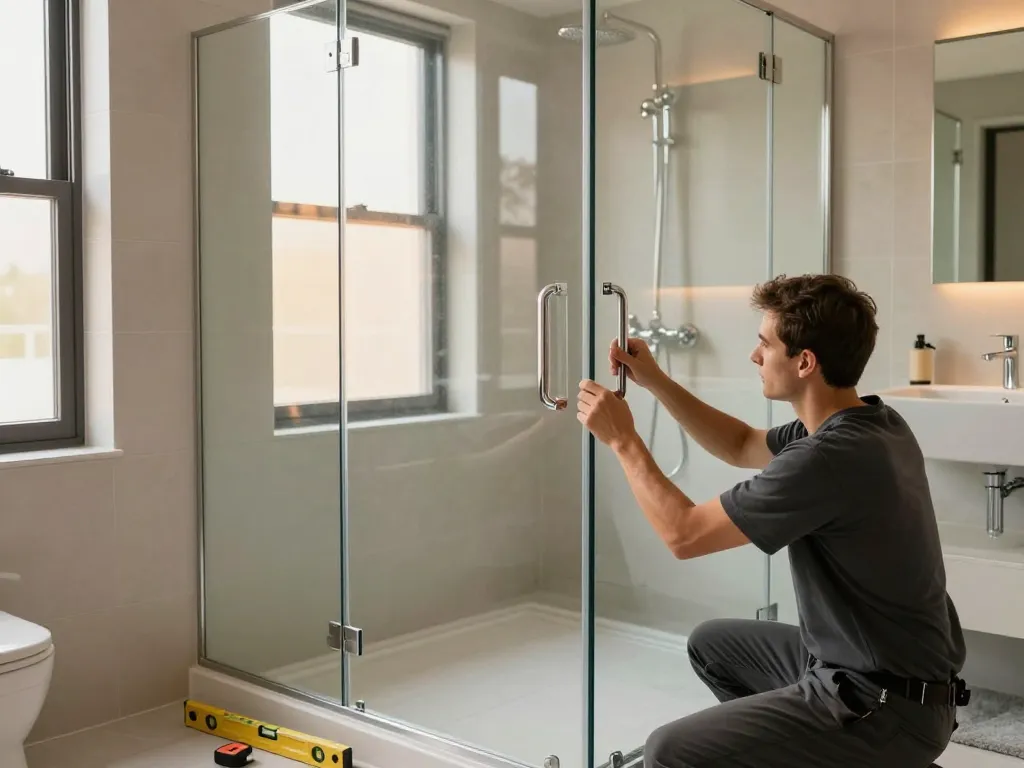 Custom glass shower door installation by Top Notch Custom Glass in a stylish bathroom.