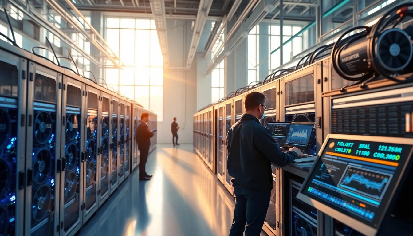 Visual representation of top cloud mining technology in a modern facility, showcasing miners and advanced rigs.