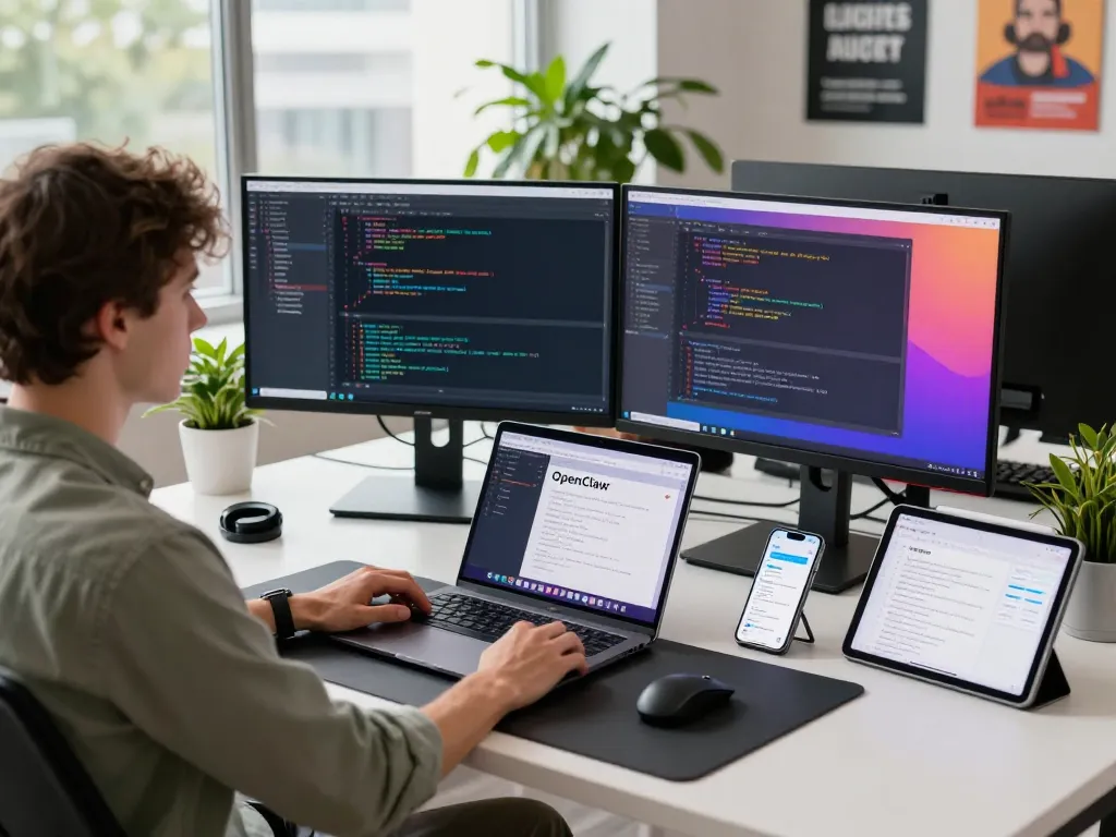Developer using OpenClaw AI assistant in a modern workspace with coding interfaces, plants, and natural lighting.