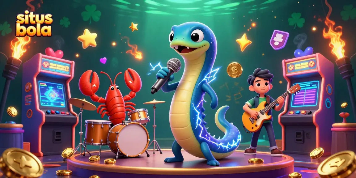 Explore a vibrant underwater casino scene with sitios bola, featuring a DJ electric eel and psychedelic game elements.