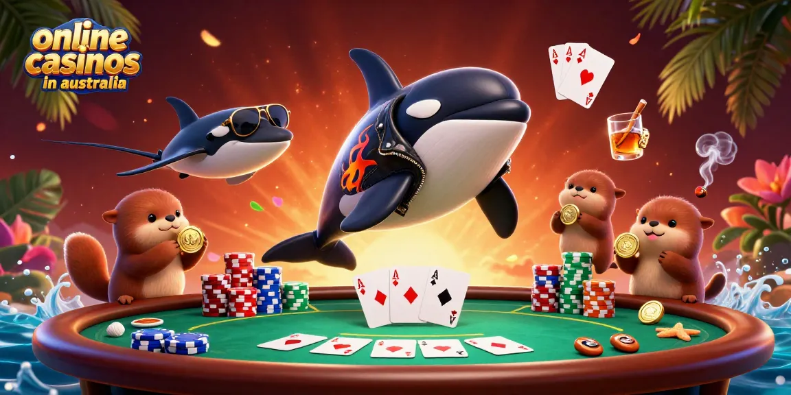 Experience vibrant action with online casinos in australia featuring a cartoon whale, stingray, and otters.