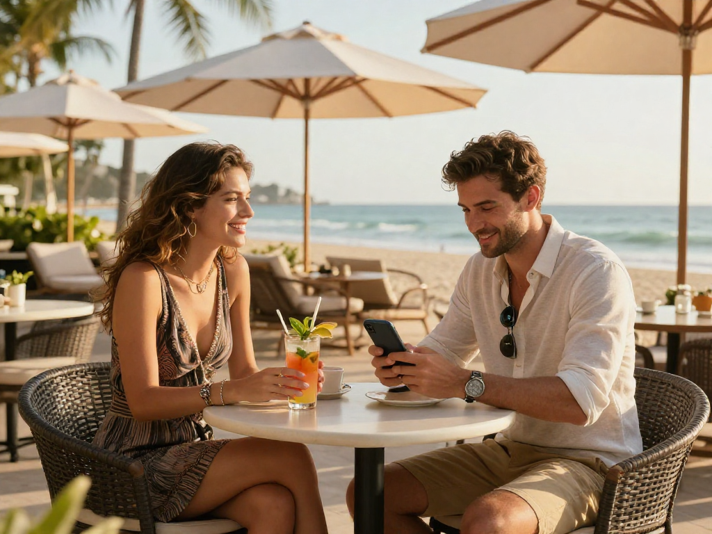 Engaging scene of professional enjoying the escort service in Goa at a tropical café by the beach.
