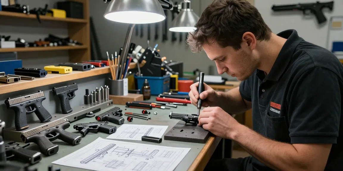 Artisan working on precision Glock slides at https://precisionglockslides.com, showcasing skilled craftsmanship and advanced tools.