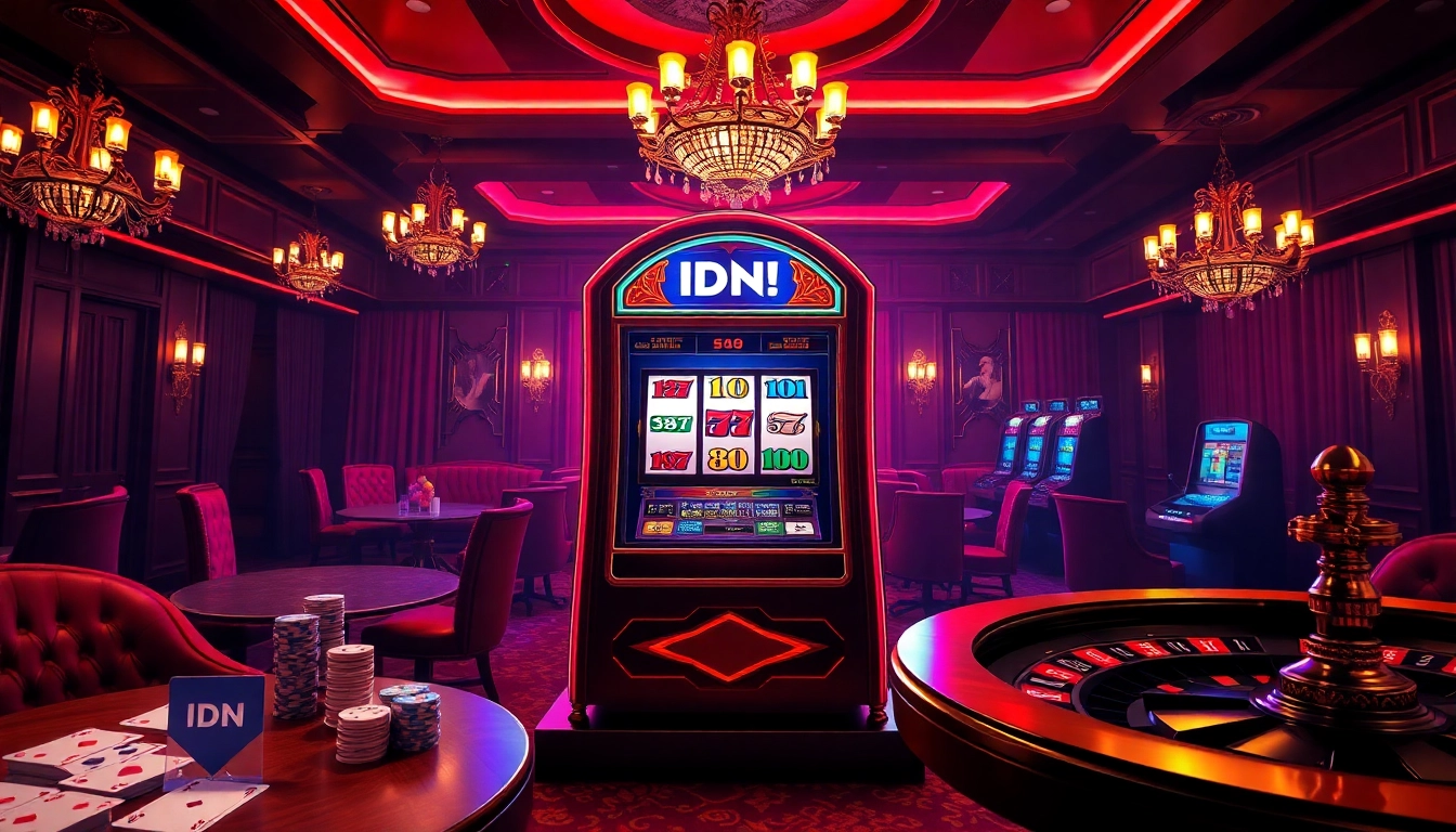 Engage with the IDN slot featuring vibrant colors and an exciting casino atmosphere surrounded by gambling elements.