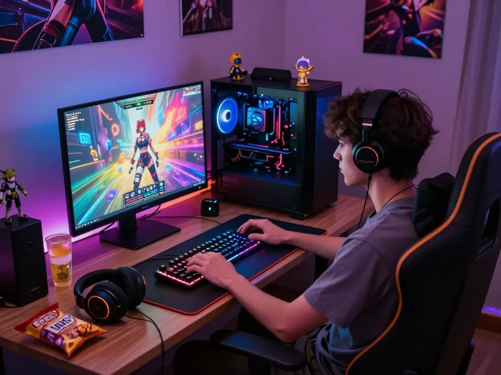 Engaged player immersed in a colorful gaming setup playing a hentai game.