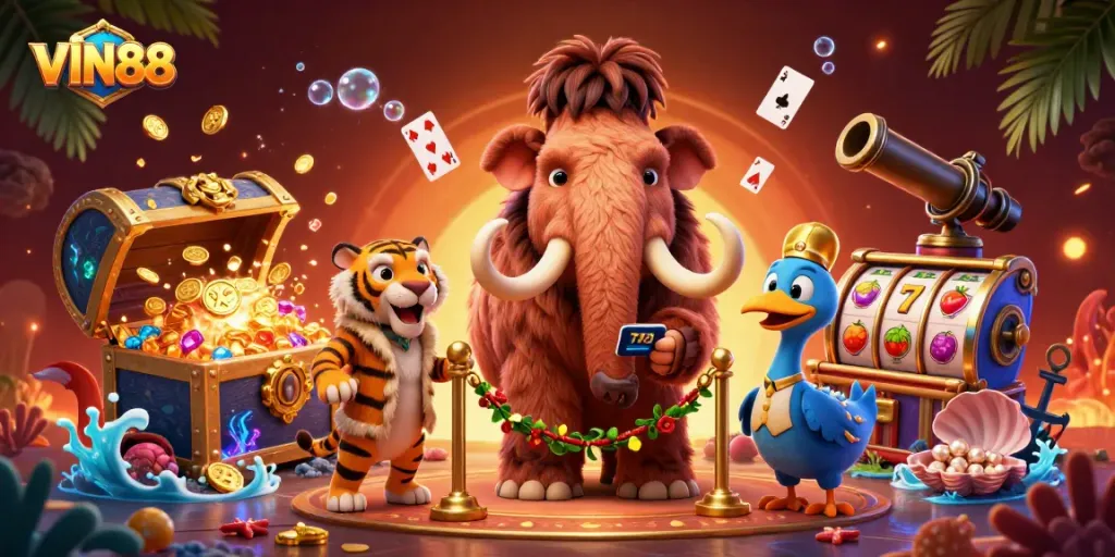 Experience the thrilling ambiance of VIN88 with a dynamic 3D casino scene full of colorful elements.