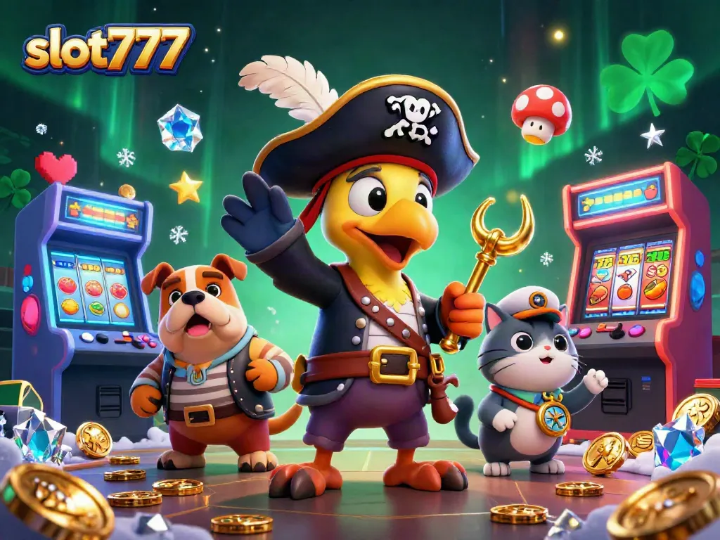 Bermain slot777 dengan karakter lucu dalam ilustrasi kasino yang penuh warna dan detail.
