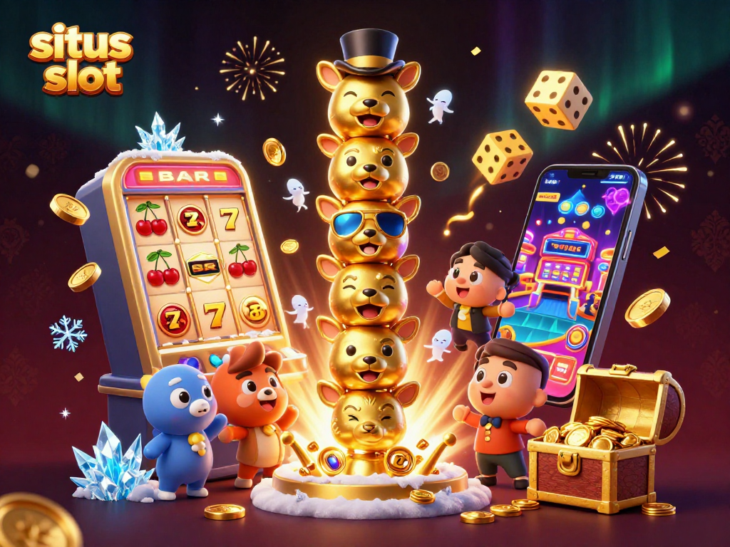 Situs slot dengan mesin slot 3D berhadiah besar dan karakter totem berwarna cerah.
