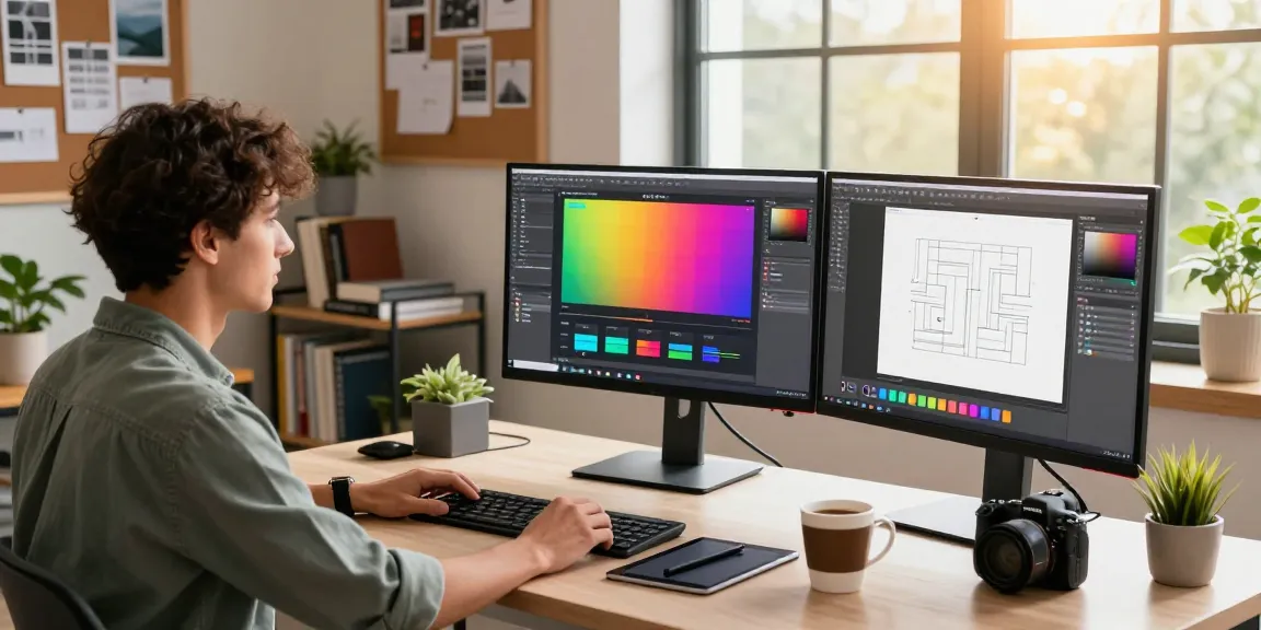 Designer using an advanced screenshot tool, showcasing efficiency and creativity in a modern workspace with multiple monitors.