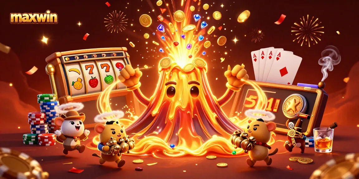 Maxwin slot experience captured with a dynamic scene featuring a golden volcano, treasure, and vibrant casino elements.