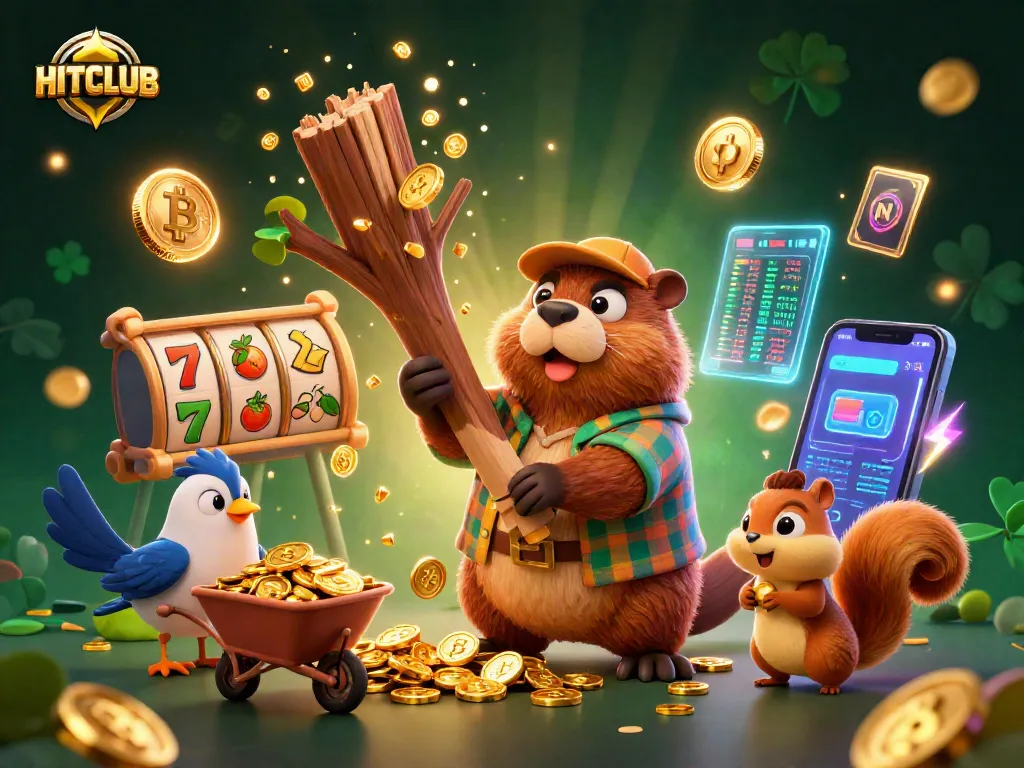 Engage with HITCLUB slots while a beaver rains golden coins, creating a vibrant casino scene.