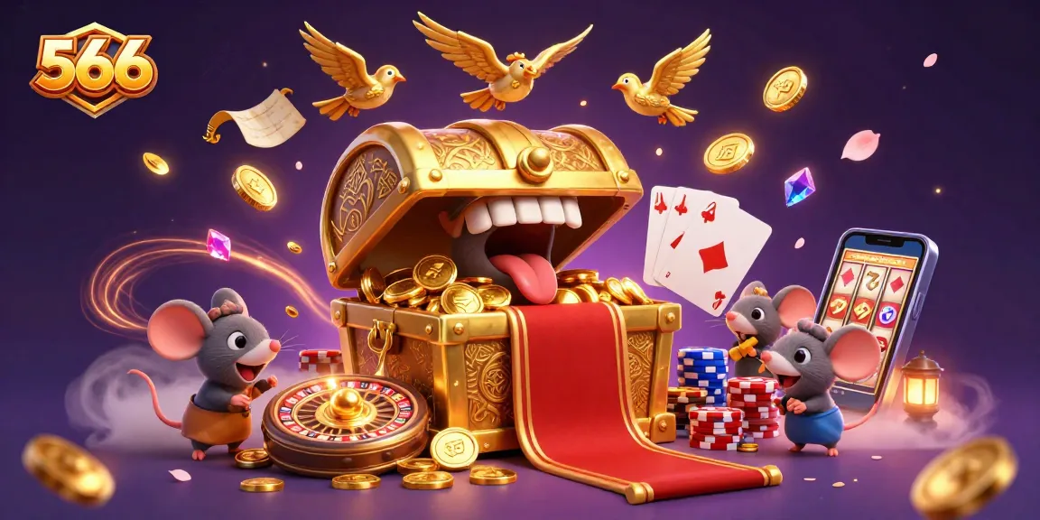 Experience thrilling wins at 566 with a vibrant 3D treasure chest and casino elements.