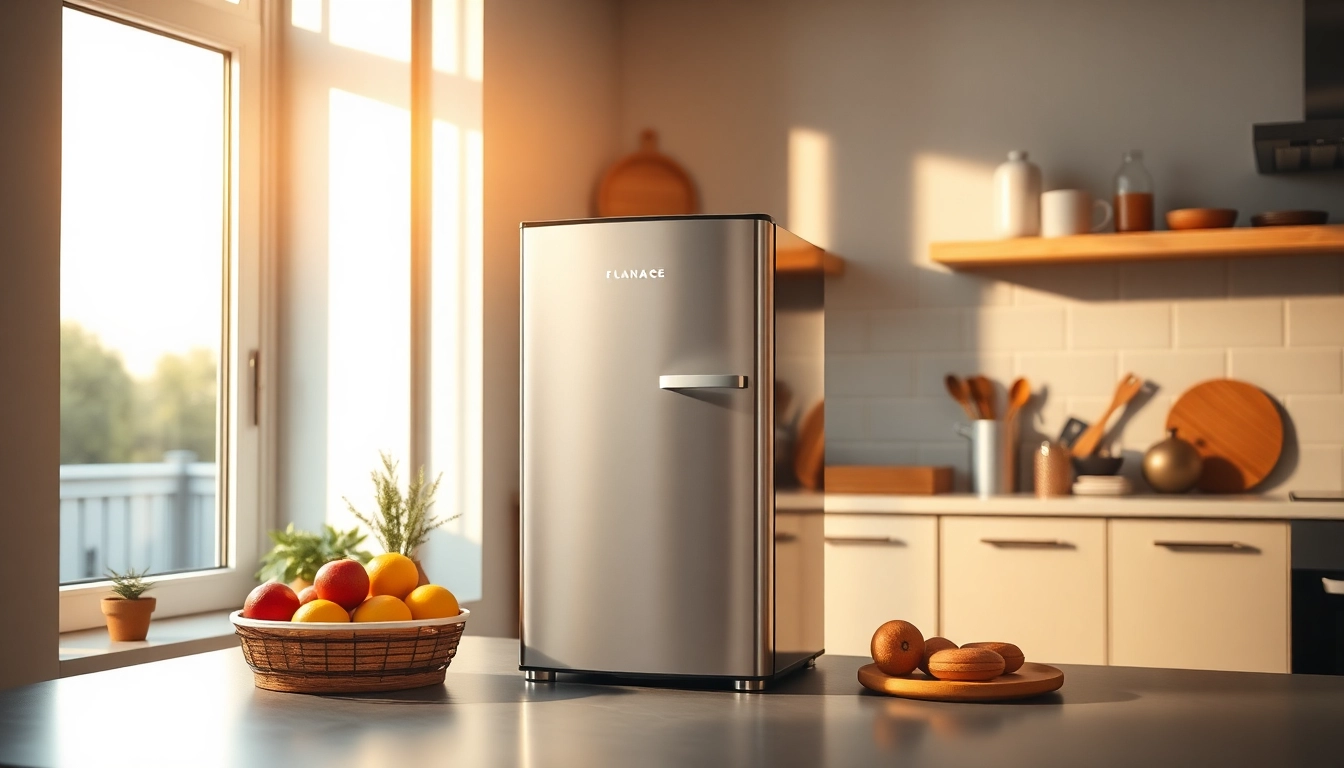 Showcasing an affordable mini fridge and freezer in a modern kitchen setting highlighting its compact design and functionality.