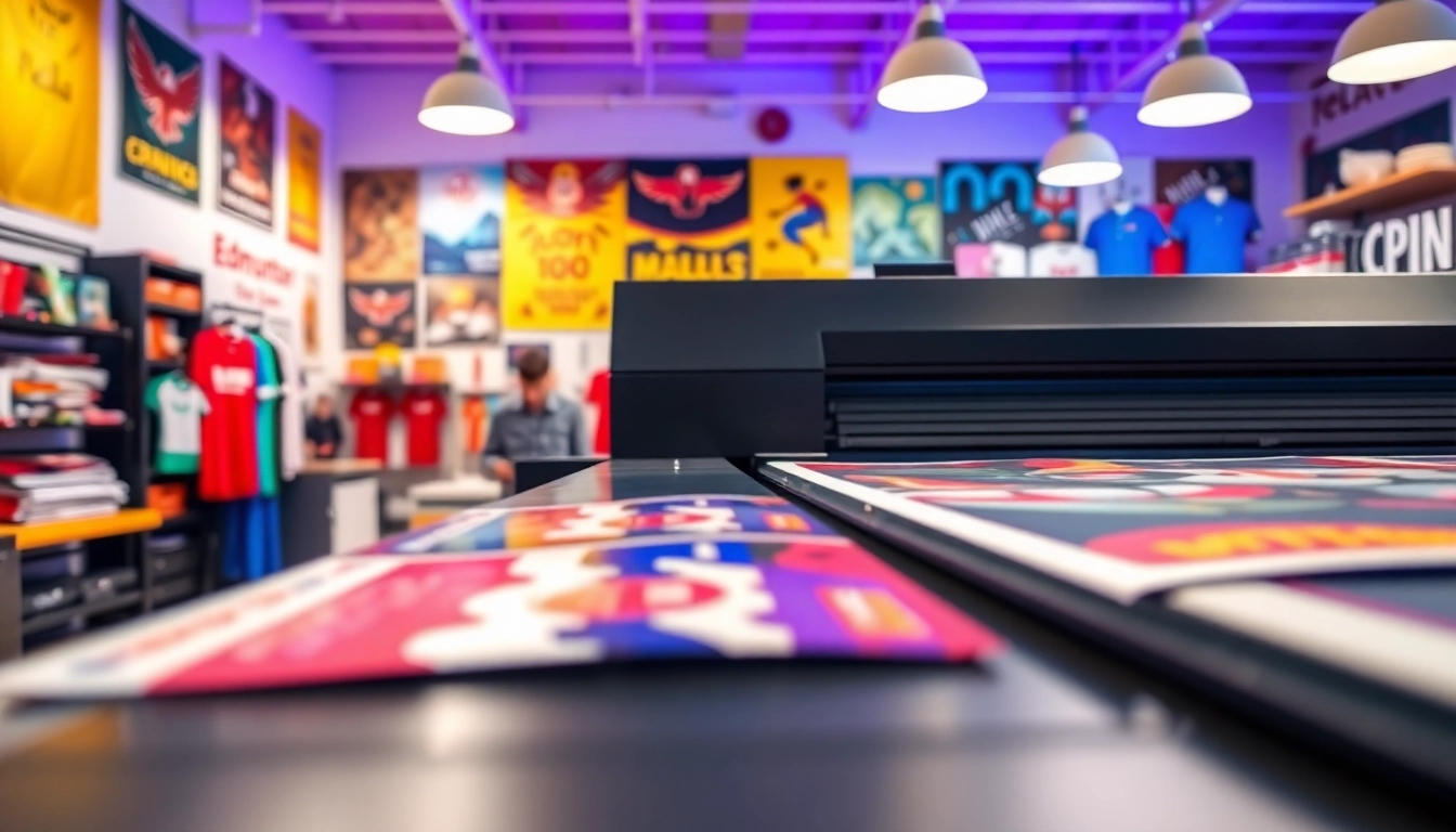 Print shop Edmonton featuring vibrant banners and skilled printing in a bright workspace.