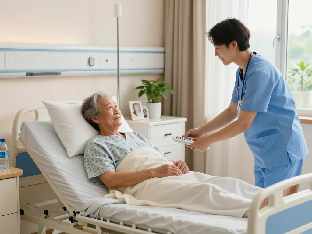 Comfortable giường bệnh nhân in a welcoming hospital room for elderly patients
