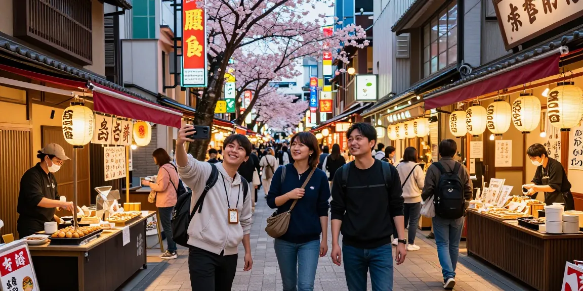 Exploring vibrant city streets of Japan with friends enjoying local cuisine and cherry blossoms while discovering slot jepang culture.