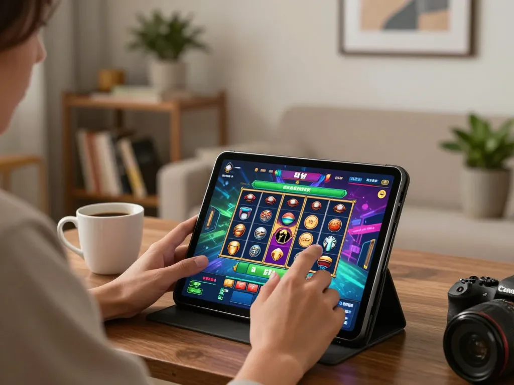 Engaging gameplay on a slot server kamboja interface in a cozy home setting.