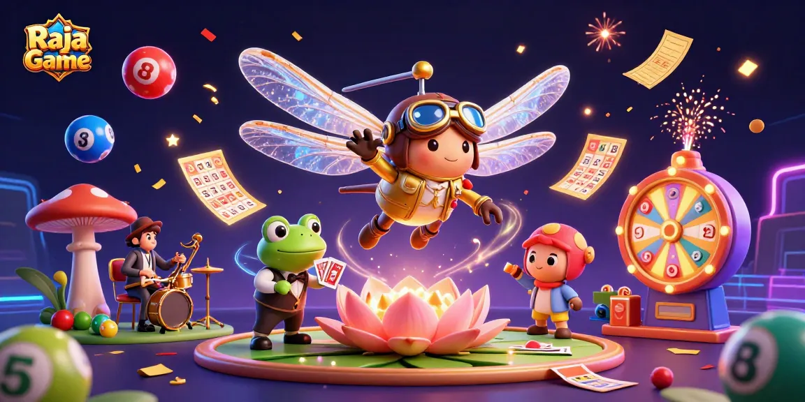 Experience thrilling gaming action with Raja Game at a vibrant lily pad casino filled with colorful lottery elements.