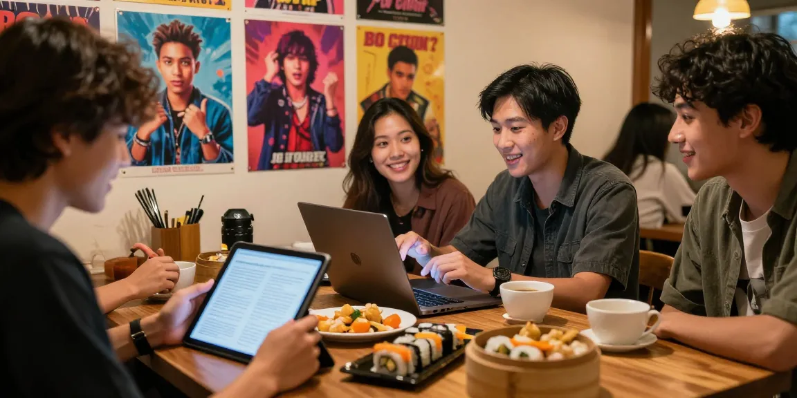 Explore engaging cultural content at https://hanadultalk.com featuring diverse individuals learning about Asian pop culture while enjoying Spanish.
