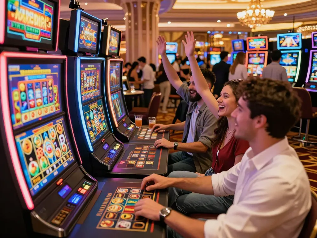 Bermain slot777 di kasino dengan suasana ramai dan ceria.