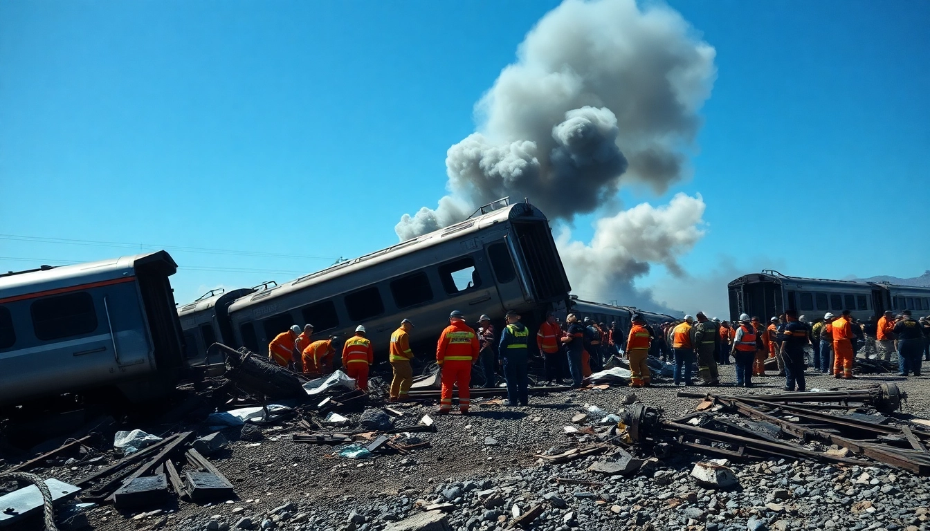 Scene of the spain train crash with rescue teams working at the wreckage site.