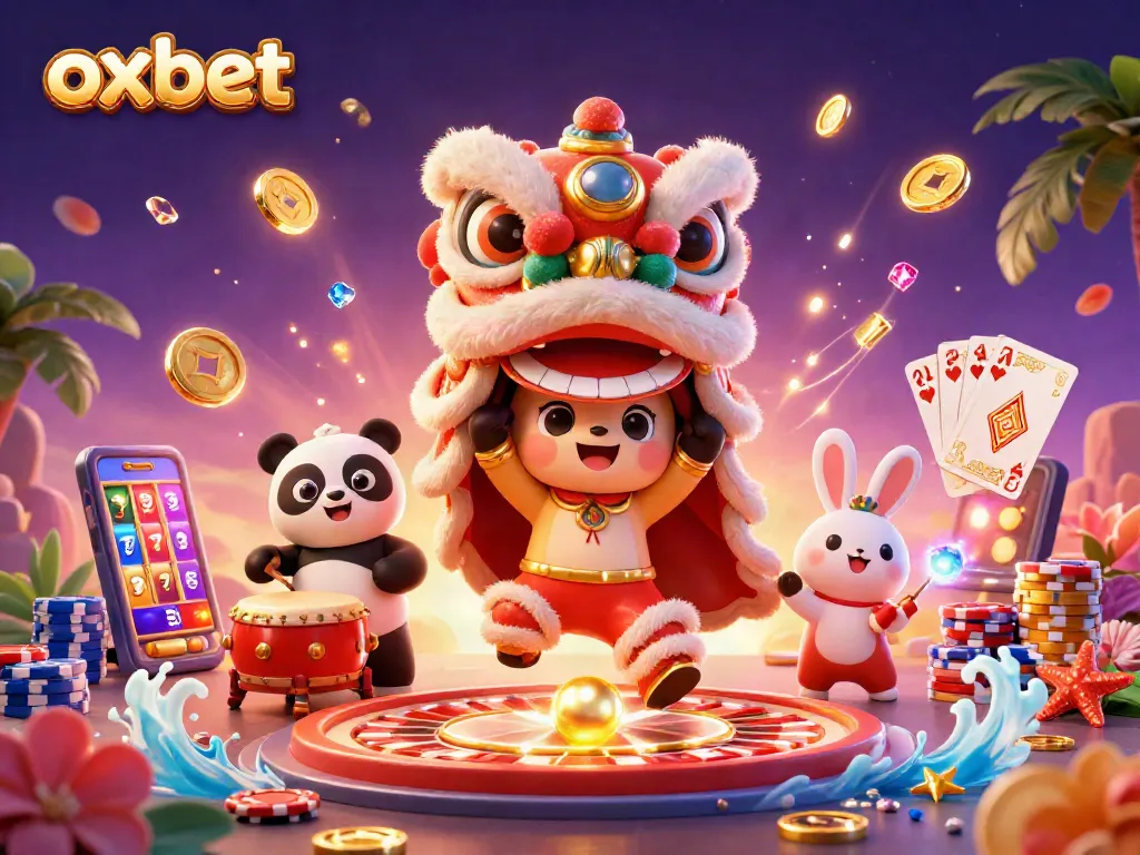 Engage in thrilling gameplay at OXBET with a vibrant scene of festive characters and casino elements.