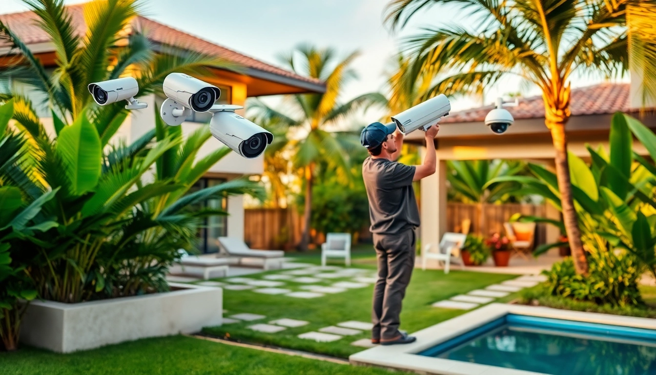 Instalación de cámaras de seguridad en Guanacaste por un técnico, mostrando tecnología avanzada de vigilancia en un entorno tropical.