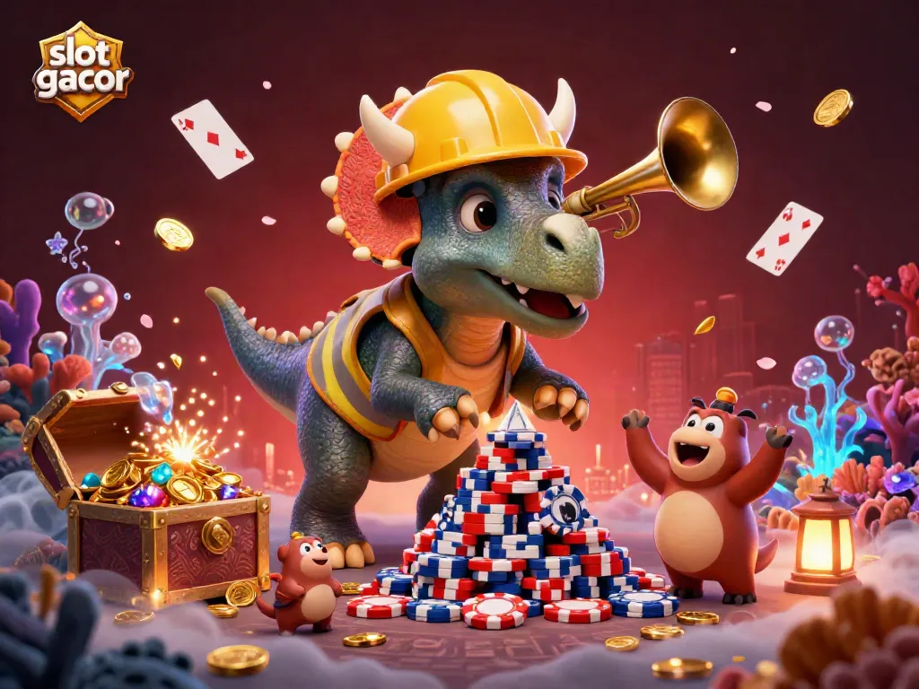 Visualisasi permainan slot gacor dengan dinosaur 3D yang membangun tumpukan chip poker di lingkungan yang ceria.