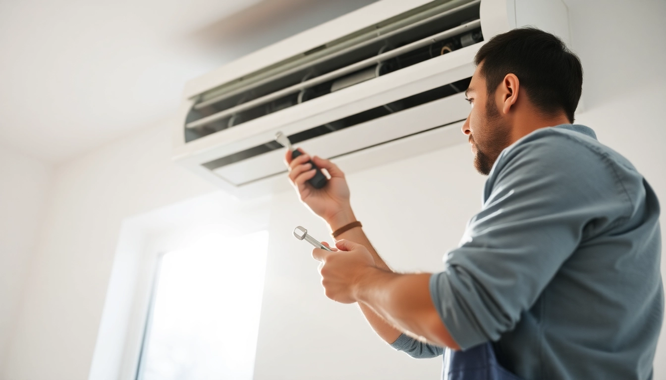 Technician performing air conditioning repair Canada service on a modern AC unit.