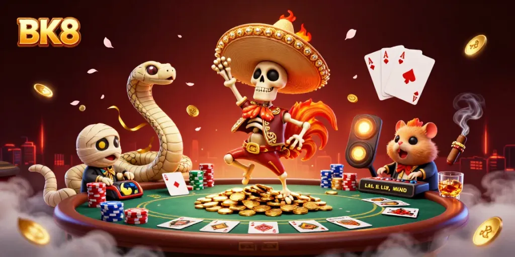 Experience the thrilling fun of BK8 with vibrant characters celebrating on a pile of casino gold!