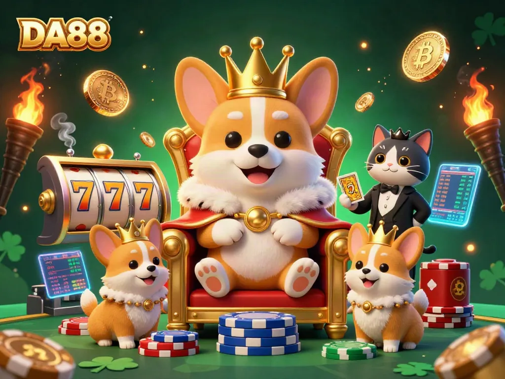 Experience winning strategies at DA88 with a royal corgi, poker chips, and vibrant casino elements.