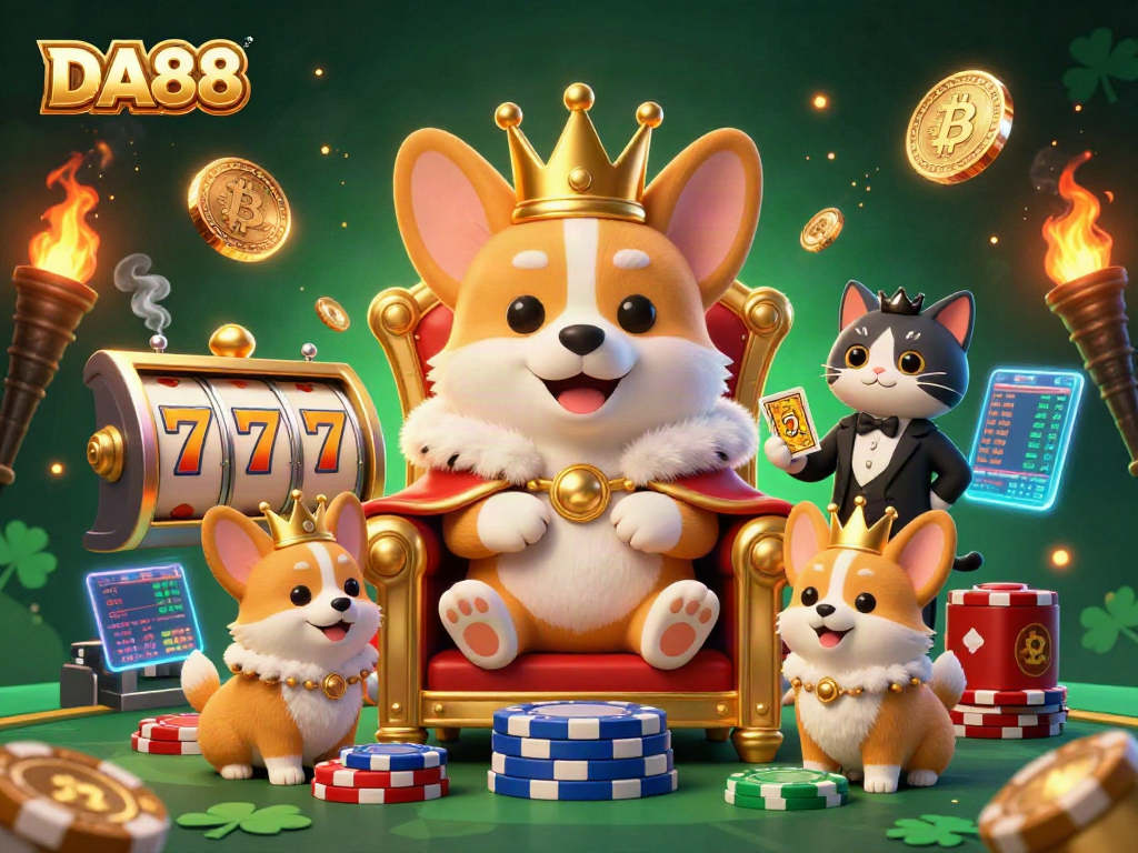 Experience winning strategies at DA88 with a royal corgi, poker chips, and vibrant casino elements.