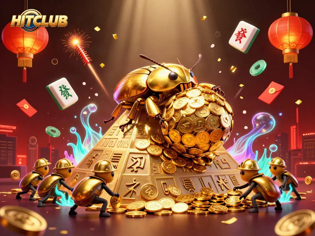 Experience the excitement of HITCLUB with a golden beetle rolling treasure coins in a vibrant casino scene.