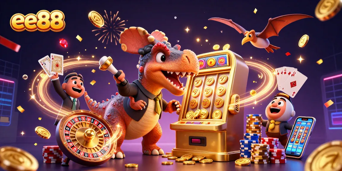 Experience ee88's thrilling jackpot wins as a pachycephalosaurus headbutts a golden slot machine in a vibrant casino setting.