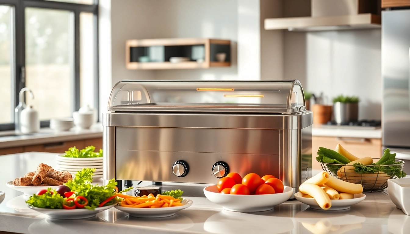 Showcase food warmer with fresh dishes in a modern kitchen environment.