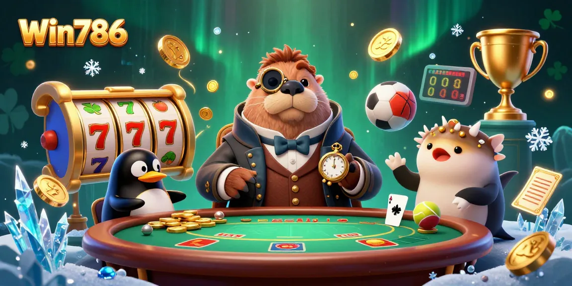 Win786 showcases a lively poker scene with a walrus, penguin dealer, and pufferfish in an underwater casino.