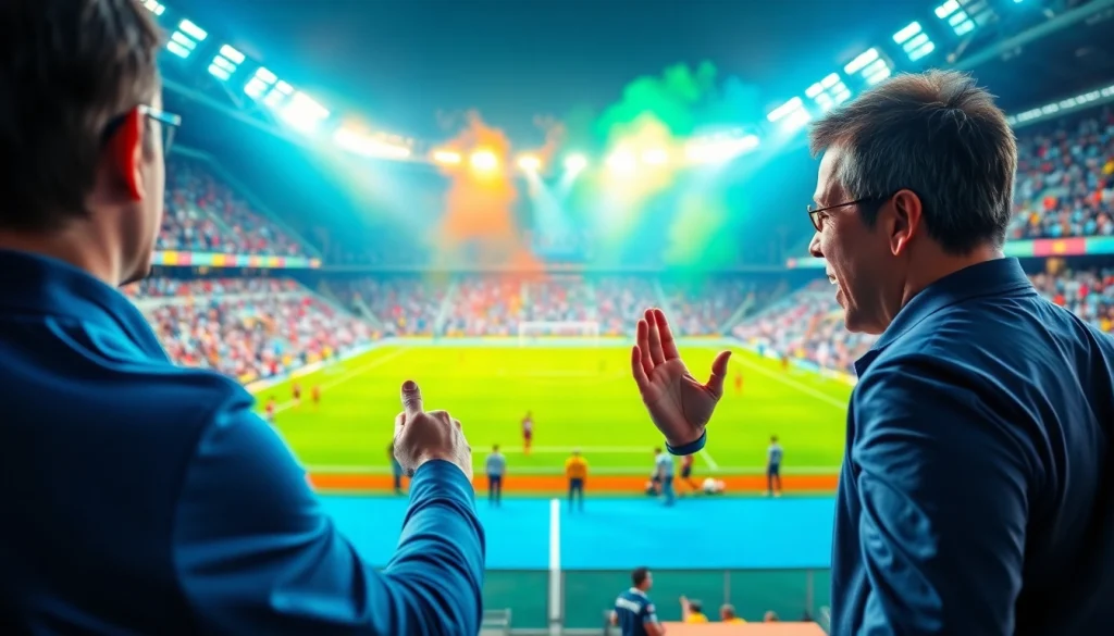 축구중계에서 열정적으로 경기를 중계하는 방송인의 모습과 관중석의 생생한 표정