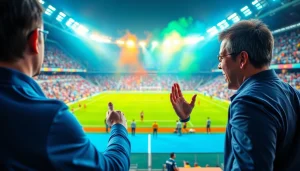 축구중계에서 열정적으로 경기를 중계하는 방송인의 모습과 관중석의 생생한 표정