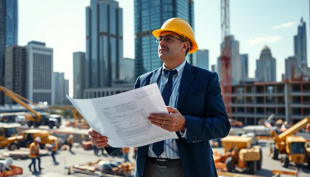 Engaging Manhattan Construction Manager directing a construction site with blueprints.