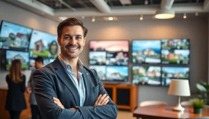 Real Estate agent engaging with clients in a modern office filled with vibrant property listings.