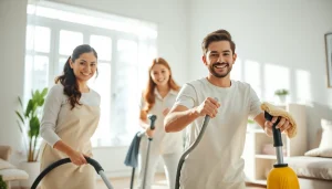 Engaged cleaning service professionals organizing a modern home environment, highlighting cleanliness and professionalism.