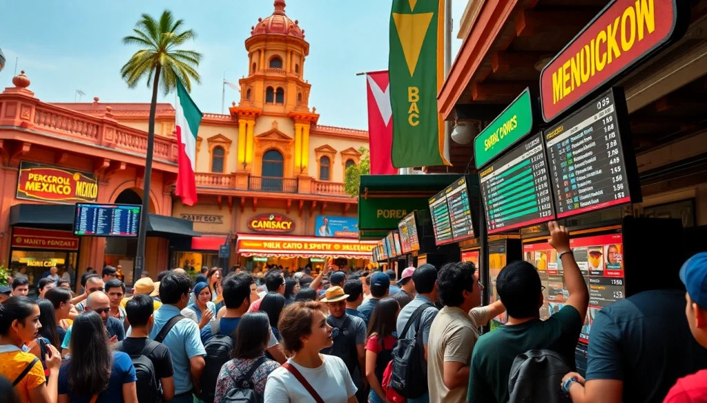 Engaged bettors placing wagers in a lively sports betting Mexico market setting.