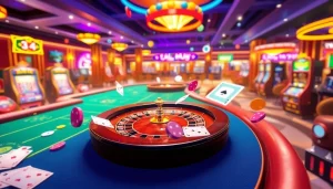 KJC AC 3 showcases an exciting casino atmosphere with tables, dice, and slot machines.