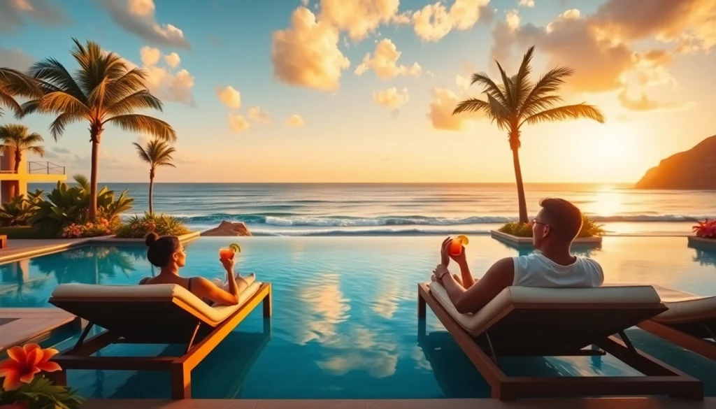A couple enjoying luxurious amenities at all-inclusive resorts Cabo, with a sunset backdrop and beautiful beach.