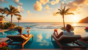 A couple enjoying luxurious amenities at all-inclusive resorts Cabo, with a sunset backdrop and beautiful beach.