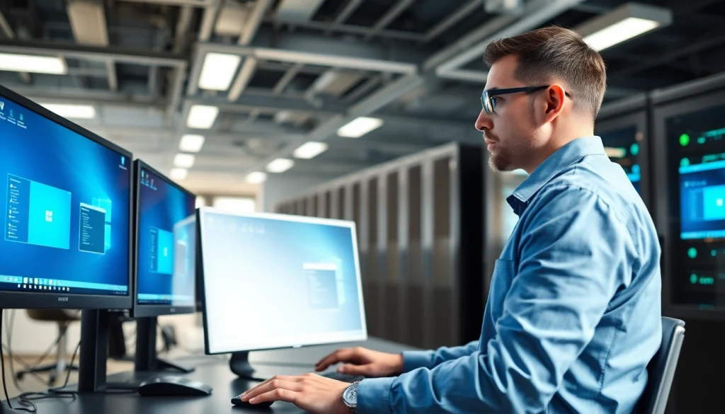 Technician managing Virtual Desktop Infrastructure (VDI) with advanced technology in a modern office.