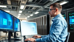 Technician managing Virtual Desktop Infrastructure (VDI) with advanced technology in a modern office.