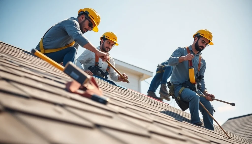 Professional roofing services: roofing experts repairing a roof with safety gear in bright sunlight.